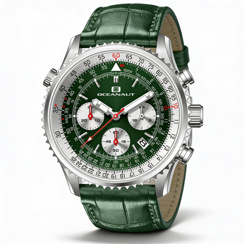 Oceanaut Men's strap Chronograph Watch featuring a Green Dial, Stainless Steel Case and a Leather Strap