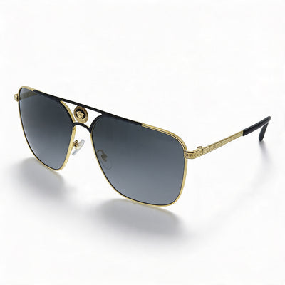Versace Gold Matte Black Rectangle Unisex Acetate Frame Sunglasses with Grey Polycarbonate UV Protected Lenses 61mm