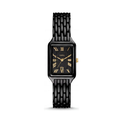 Fossil Raquel ES4317 - Reloj rectangular para mujer con correa de siete eslabones de acero inoxidable pulido negro, caja de 23 mm