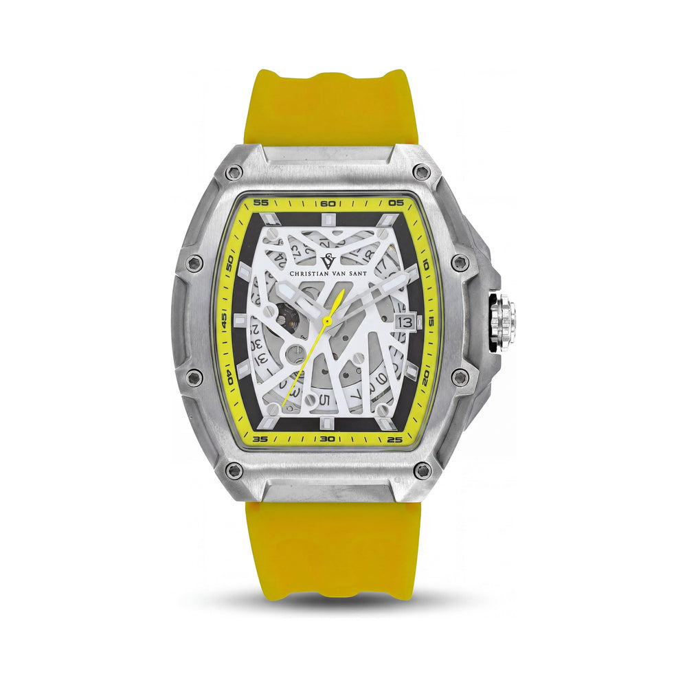 Christian Van Sant Men's Automatic Watch, Yellow Stainless Steel Case, White Dial, Rubber Strap, Water Resistant