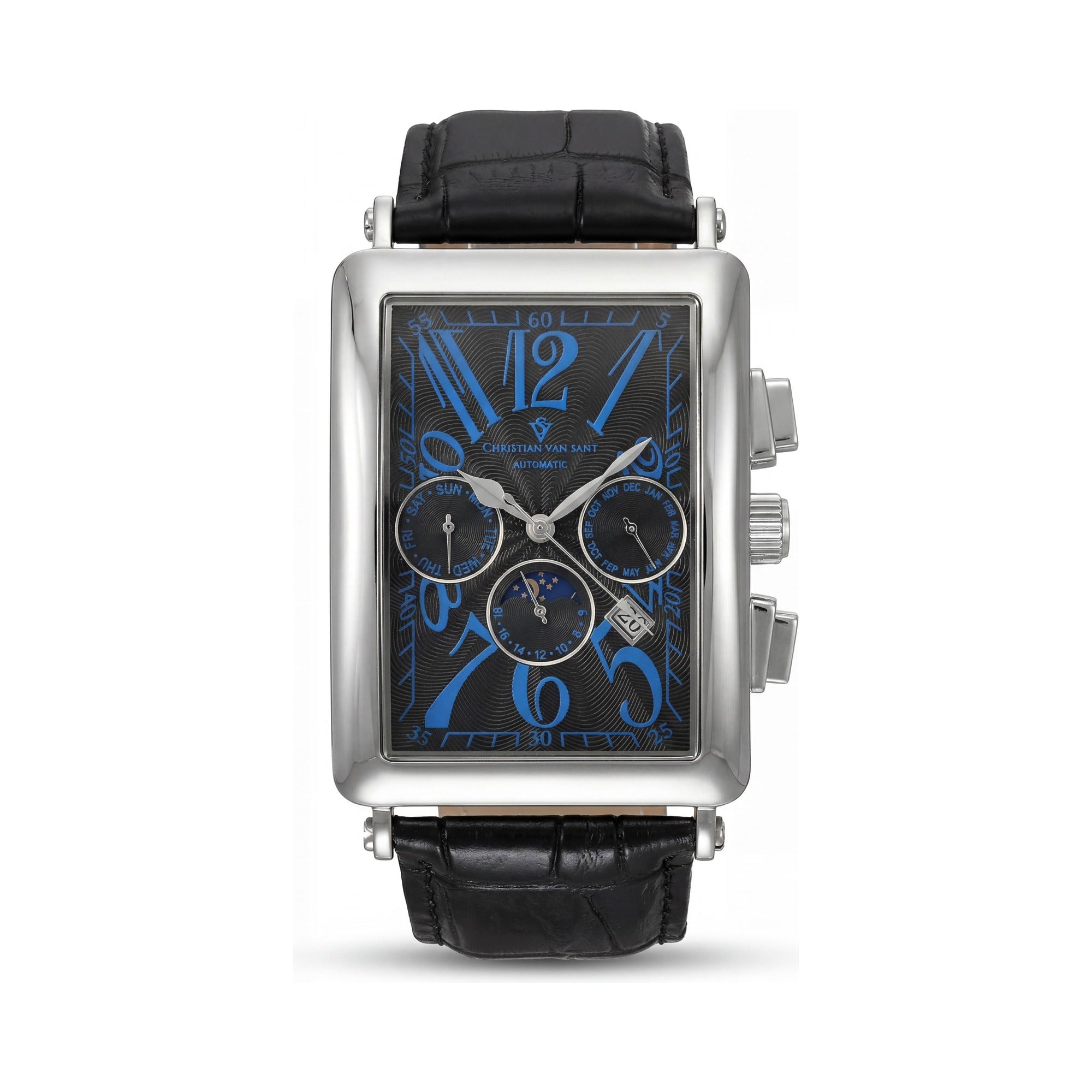 Reloj de cuero Christian Van Sant Prodigy automático multifunción con fases lunares de acero inoxidable negro para hombre, Photo 1