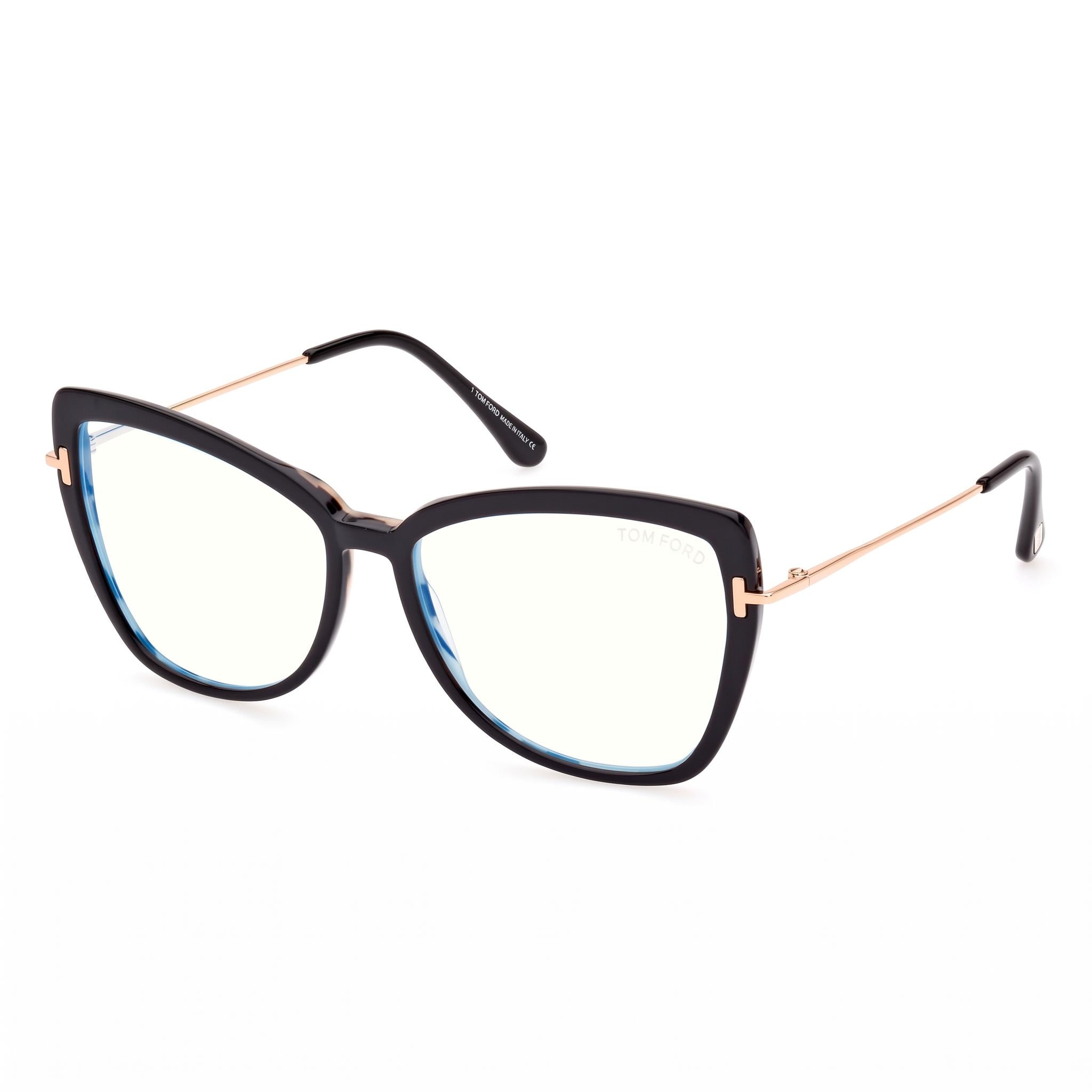 Gafas de plástico Tom Ford Ft5882-b para mujer con diseño de mariposa y bloqueo de luz azul, color negro y dorado pálido, 55 mm, Photo 1