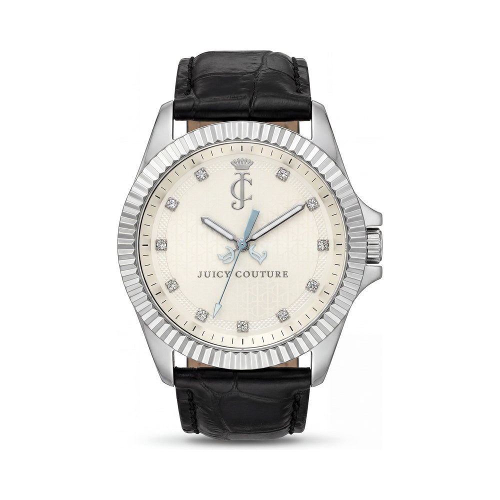 Reloj Juicy Couture Stella Collection para mujer con correa de cuero negro, esfera de nácar, cristales Swarovski, resistente al agua, 40 mm