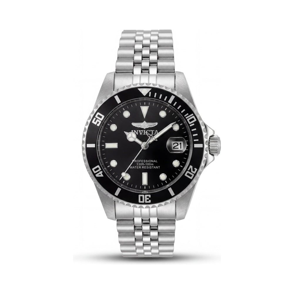 Reloj Invicta Pro Diver para mujer, caja de acero inoxidable plateada de 34 mm, esfera negra, cuarzo, fecha, resistente al agua hasta 100 m.
