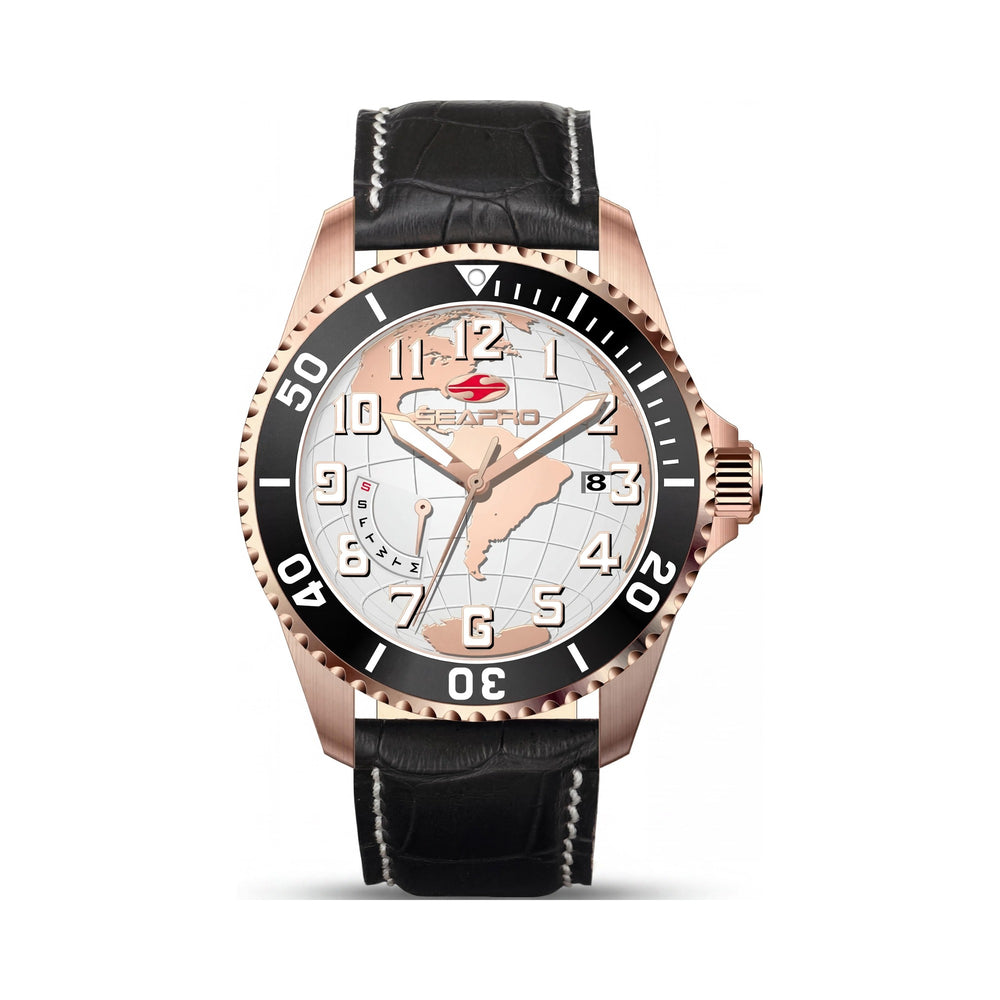 Seapro strap Men's Black Stainless Steel Leather Quartz Water Resistant Watch with White Dial & Scratch Resistant Mineral Crystal