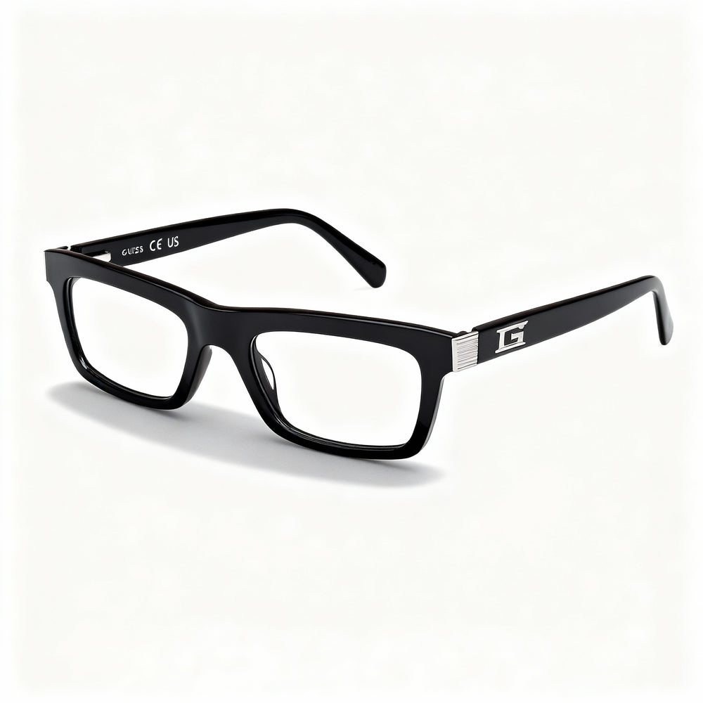 GUESS Gu50242 - Montura de plástico unisex, color negro brillante, lentes de policarbonato transparentes polarizadas, 53-20-145