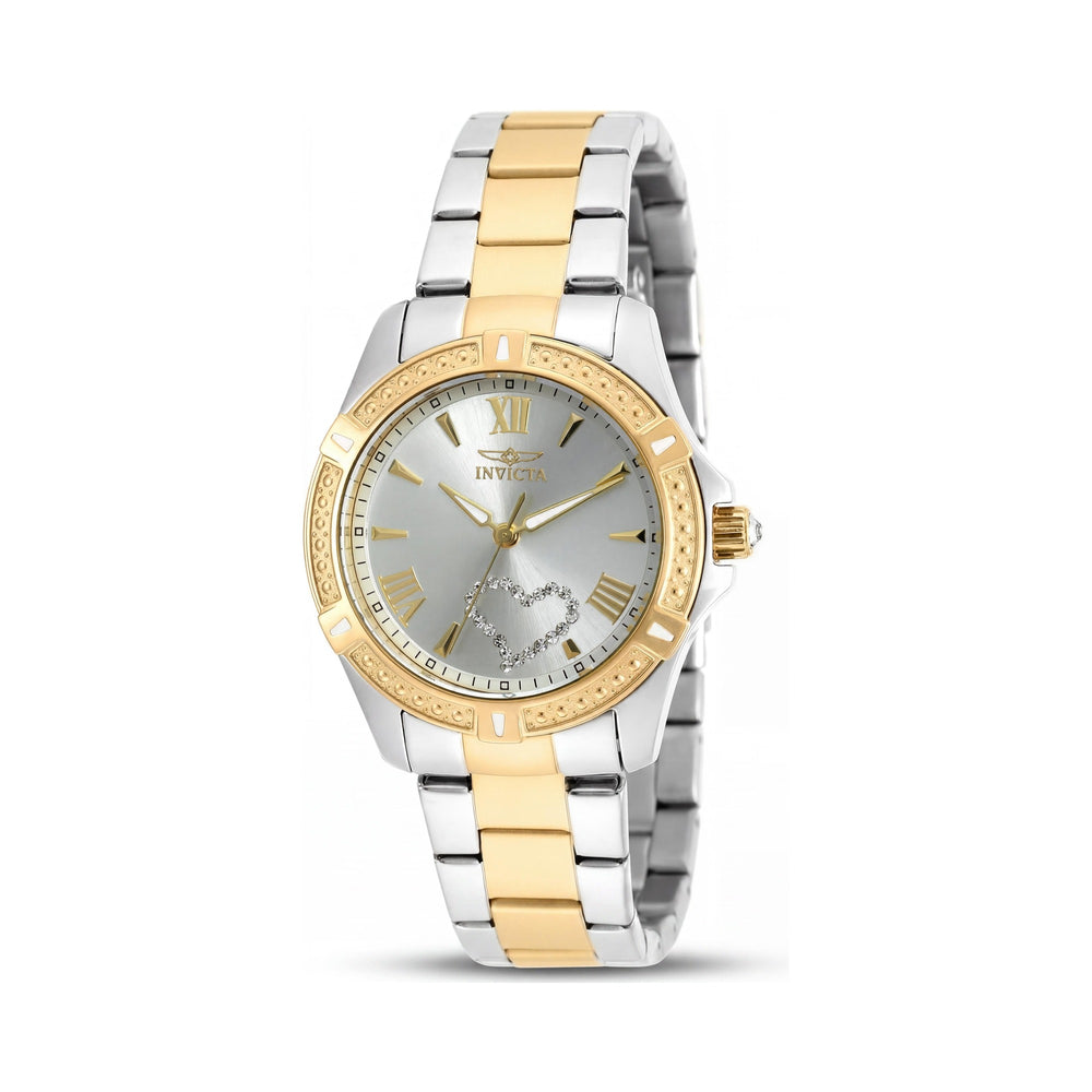 Reloj Invicta Angel para mujer, de acero inoxidable chapado en oro amarillo de dos tonos, esfera plateada luminosa, 35 mm