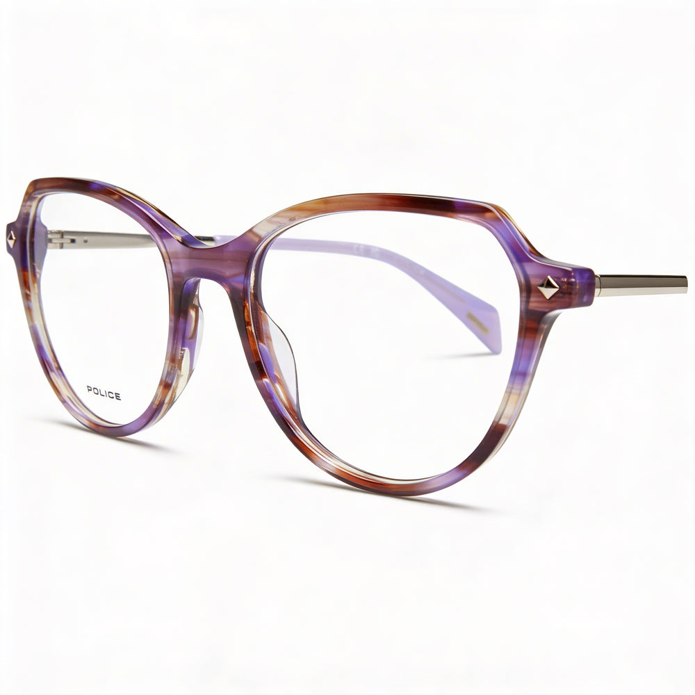 Montura de gafas Police de acetato para hombre con lentes de policarbonato, rayas marrones y moradas, talla 52-18-140