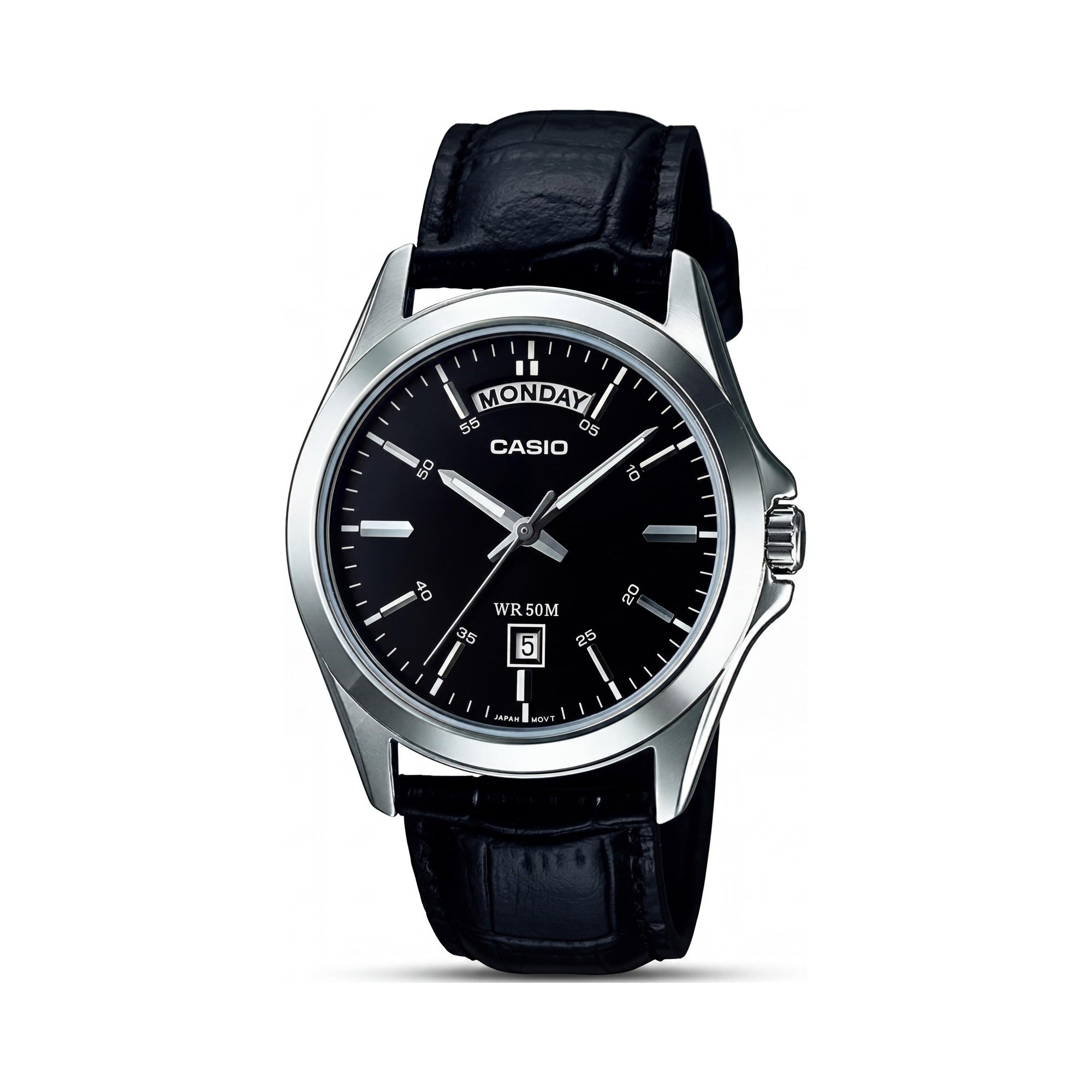 Casio MTP1370L-1A Unisex Black Stainless Steel Case & Genuine Leather Band Water Resistant Watch 45mm, Photo 1