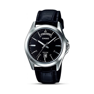 Casio MTP1370L-1A Unisex Black Stainless Steel Case & Genuine Leather Band Water Resistant Watch 45mm