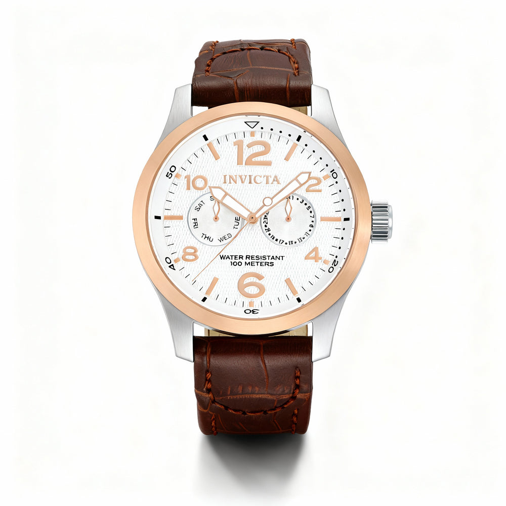 Reloj de cuarzo suizo Invicta I-Force 13010 para hombre, esfera plateada, correa de cuero marrón, bisel chapado en oro rosa de 18 quilates, 48 ​​mm