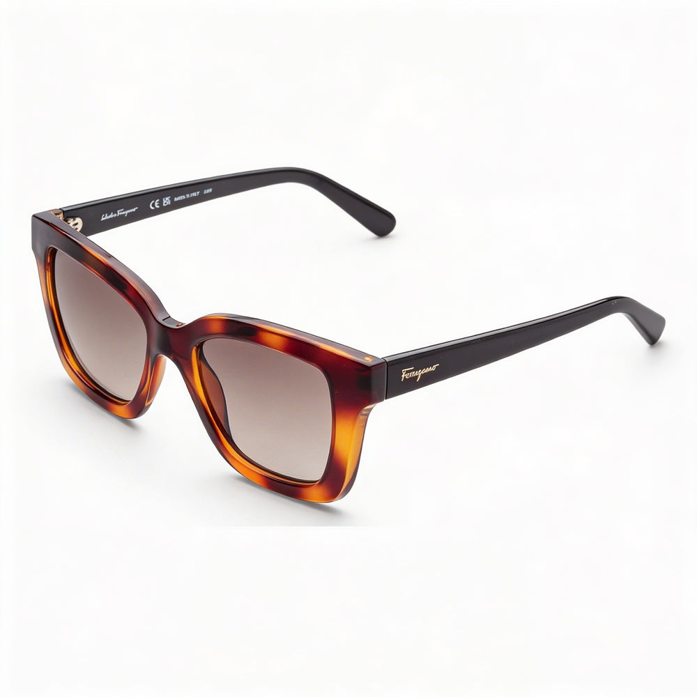 Gafas de sol clásicas unisex Ferragamo con montura de plástico Carey, lentes degradadas marrones sin polarizar y protección UV de 53 mm