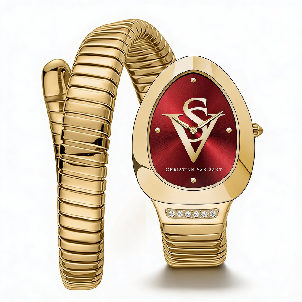 Pulsera Christian Van Sant para mujer, caja y pulsera de acero inoxidable, esfera roja, cuarzo, resistente al agua.