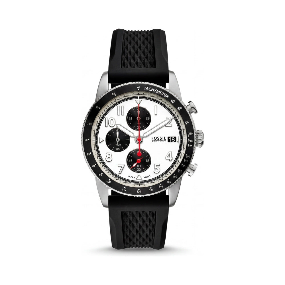 Reloj Fossil Classic para hombre, cronógrafo, acero inoxidable, correa de silicona negra, esfera blanca, 42 mm