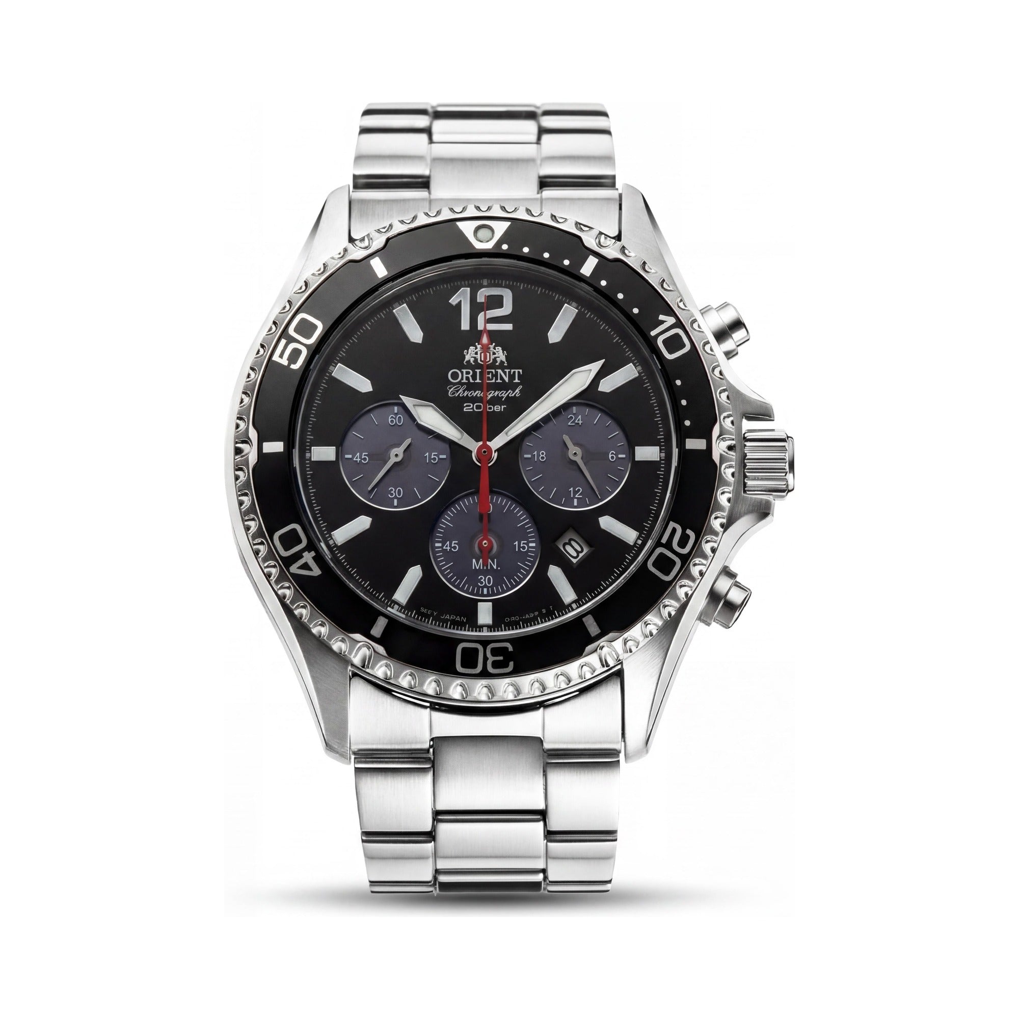 Reloj de buceo Orient Modern para hombre, cronógrafo solar plateado, resistente al agua hasta 20 ATM, cristal de zafiro luminoso con marcas en el bisel., Photo 1