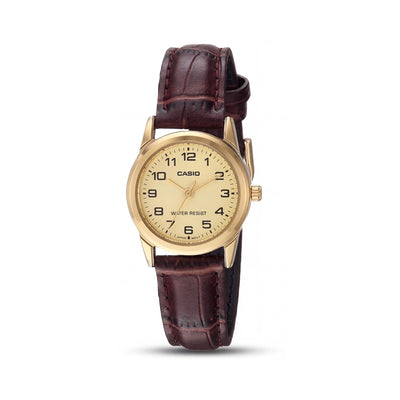 Casio Women's Ltp-v001gl-9bugf Gold Dial Brown Leather Strap Stainless Steel Water Resistant Quartz Watch