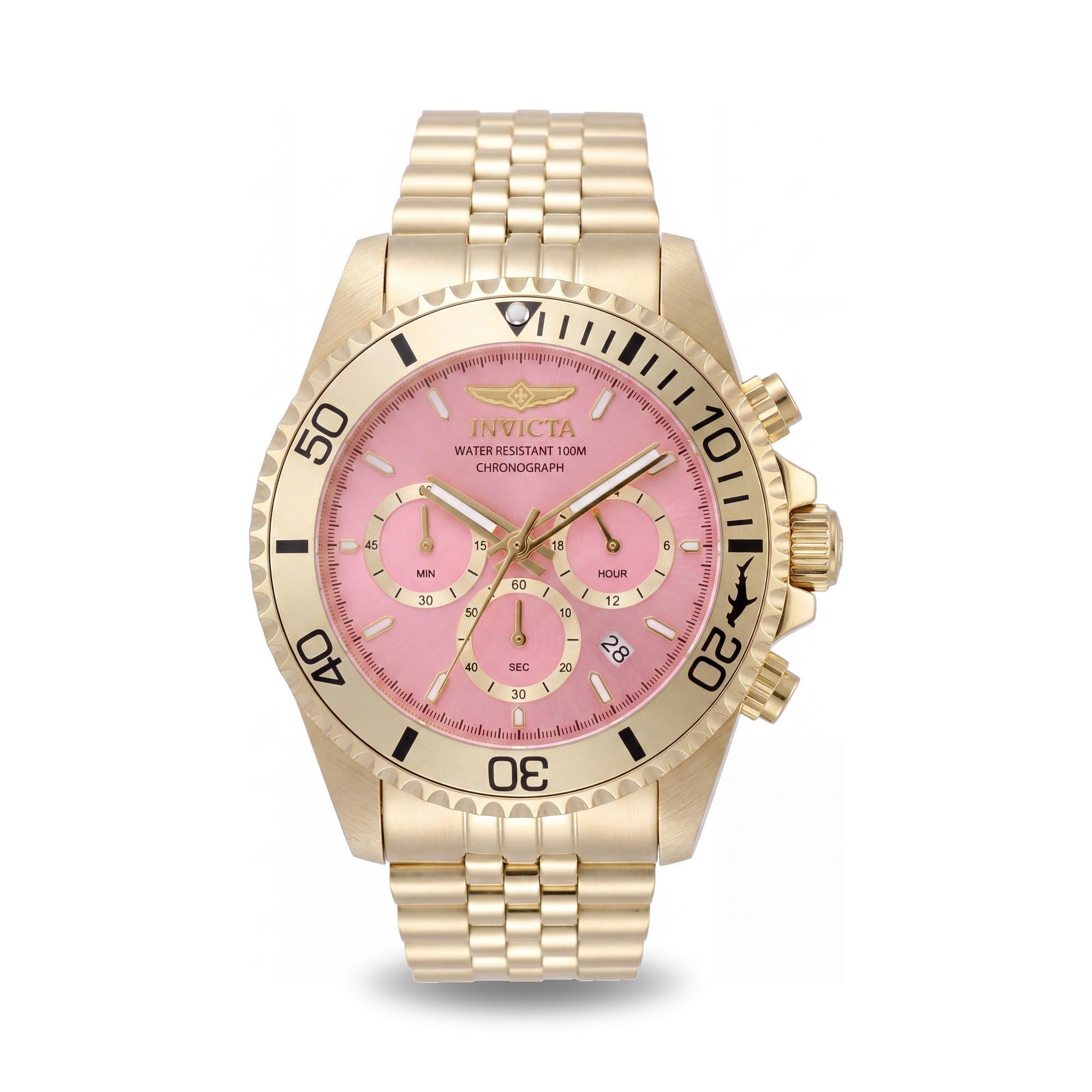 Reloj cronógrafo de cuarzo unisex Invicta Pro Diver 49836, caja dorada, esfera rosa y brazalete de acero inoxidable de 43 mm., Photo 1