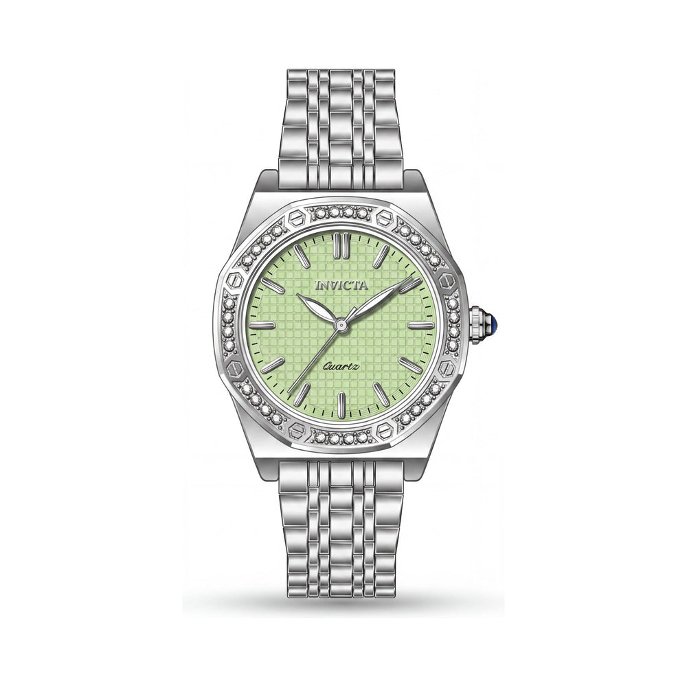 Reloj de cuarzo Invicta Wildflower 69374 para mujer, 33 mm, con correa de acero inoxidable plateado y esfera verde