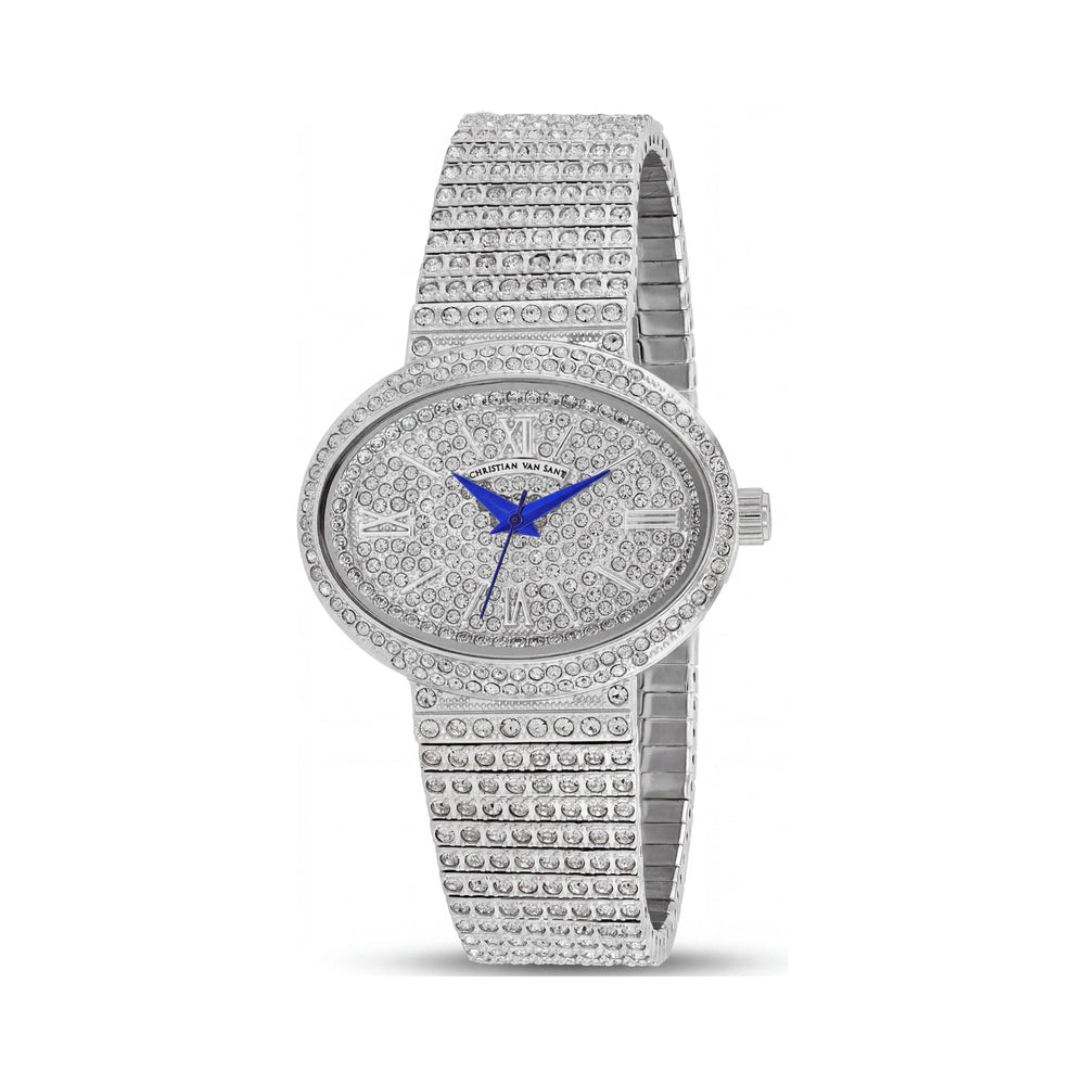 Reloj Christian Van Sant de cuarzo para mujer, correa de acero inoxidable plateada con cristales en el bisel