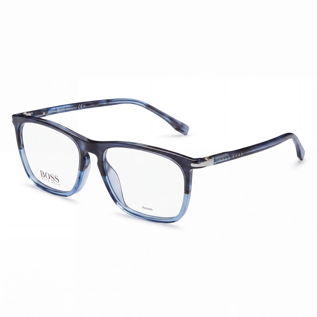 Hugo Boss Modern Collection Men's Eyeglasses with Blue Havana Acetate Frame, Full Rim Square Design, Size 55, Photo 1
