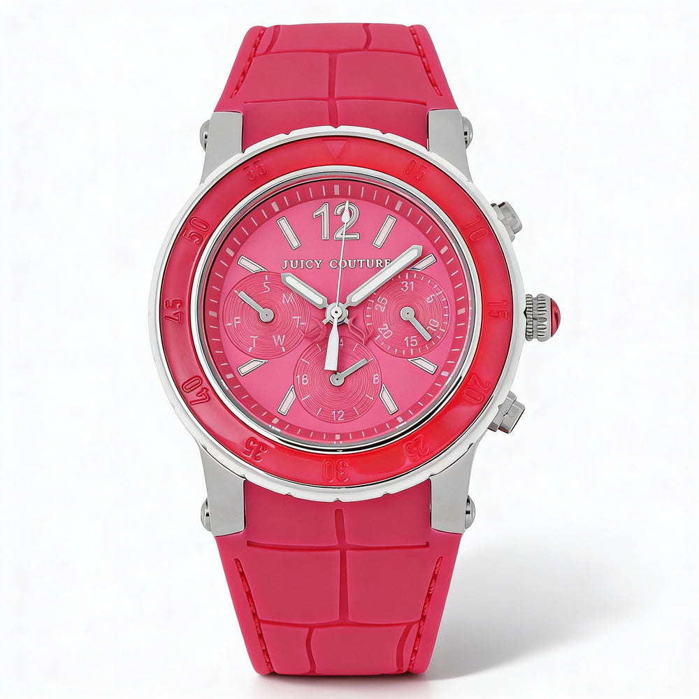 Reloj de pulsera cronógrafo para mujer con correa Juicy Couture, con correa de piel de pitahaya rosa