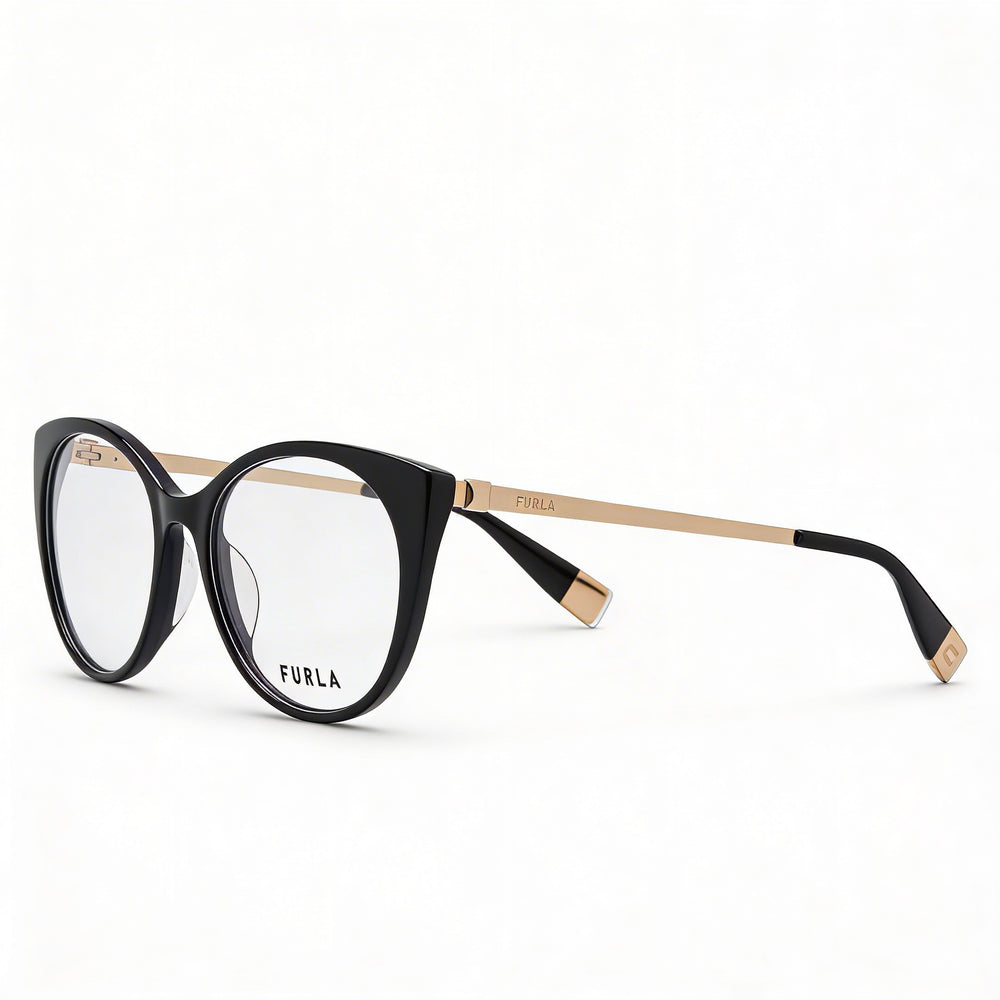 Furla VFU722 - Montura informal de acetato negro brillante para mujer con lentes de policarbonato transparente de 53 mm