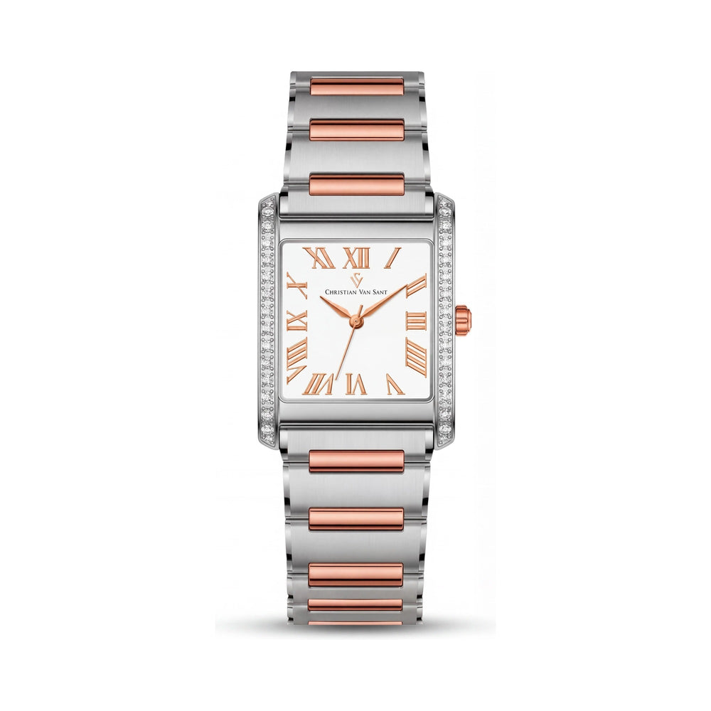 Reloj de cuarzo Christian Van Sant CV1289 para mujer con caja cuadrada de acero inoxidable de dos tonos, esfera blanca de 20 mm