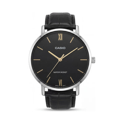 Casio Men's Analog Quartz Watch, Black Dial, Leather Strap, Water Resistant, 46mm Stainless Steel Case