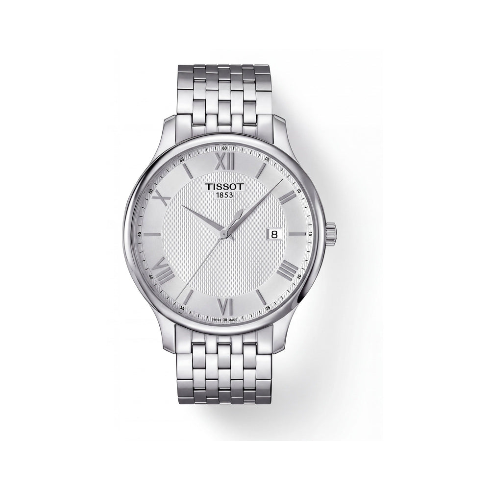 Reloj Tissot Tradition T0636101103800 para hombre, de cuarzo con brazalete de acero inoxidable plateado y esfera con números romanos, 42 mm