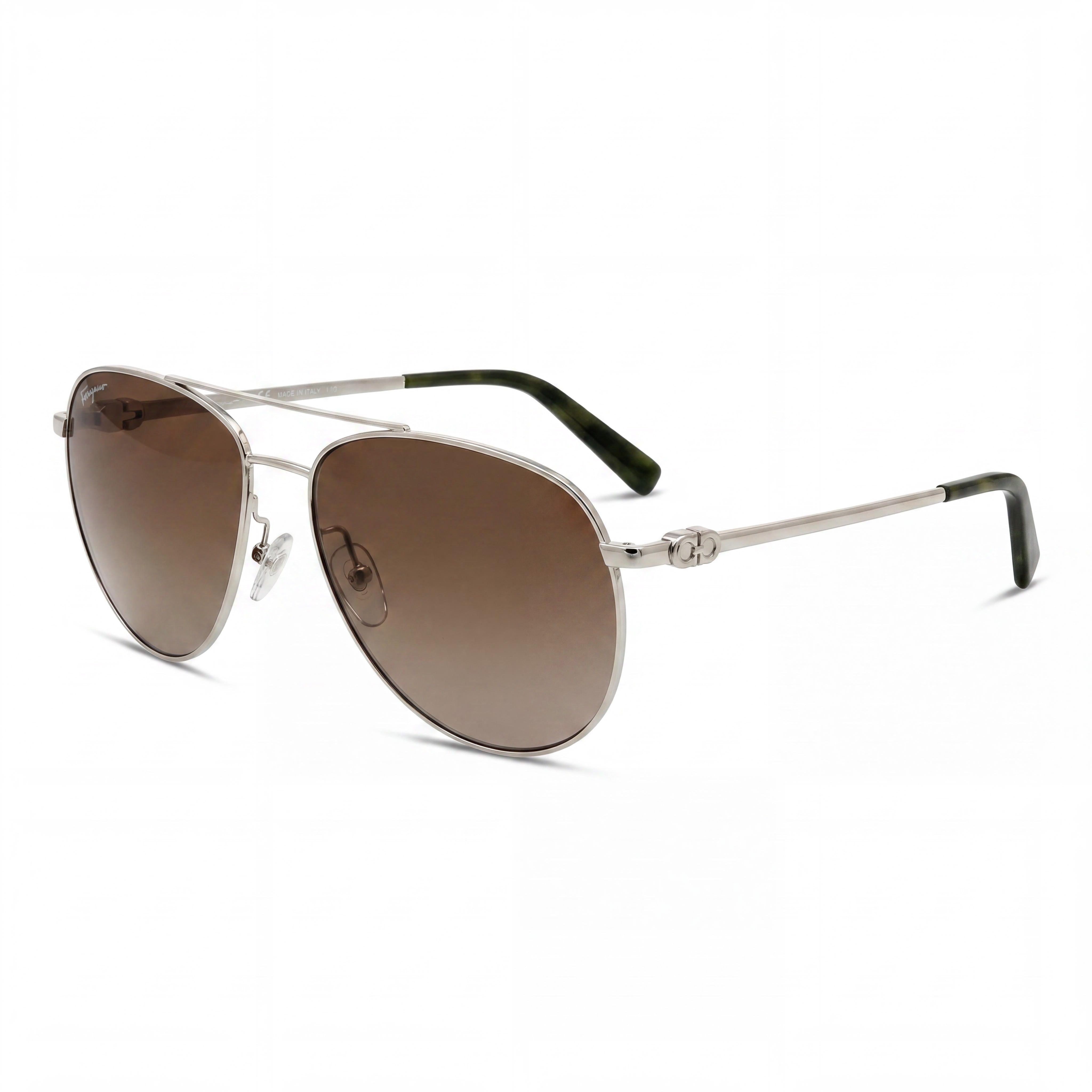 Salvatore Ferragamo Unisex Aviators Sunglasses Silver Metal Frame Brown UV Protected Lenses 60-15-140, Photo 1