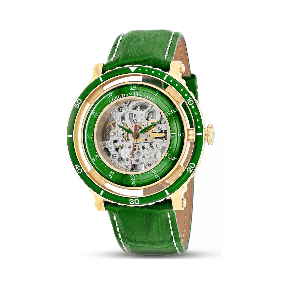 Christian Van Sant Men's Automatic Watch, Silver Stainless Steel Case, Silver Skeleton Dial, Leather Strap