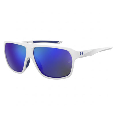 Gafas de sol unisex Under Armour Dominate rectangulares de poliamida no polarizadas con protección UV, blanco mate y azul espejado, 62 mm