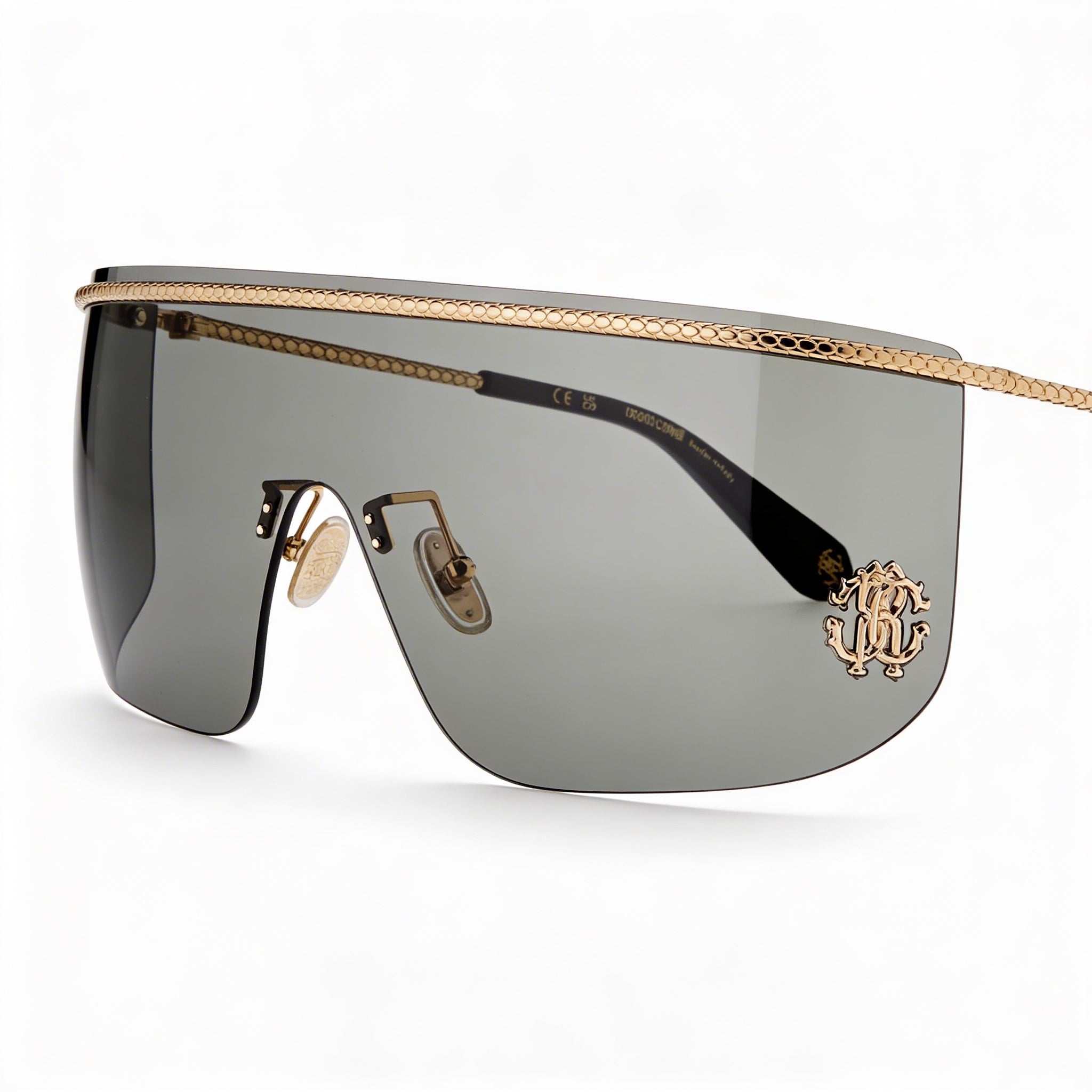 Roberto Cavalli SRC012M Gafas de sol modernas para mujer con montura de metal brillante oro rosado, lentes de policarbonato y protección UV de 99mm, Photo 1