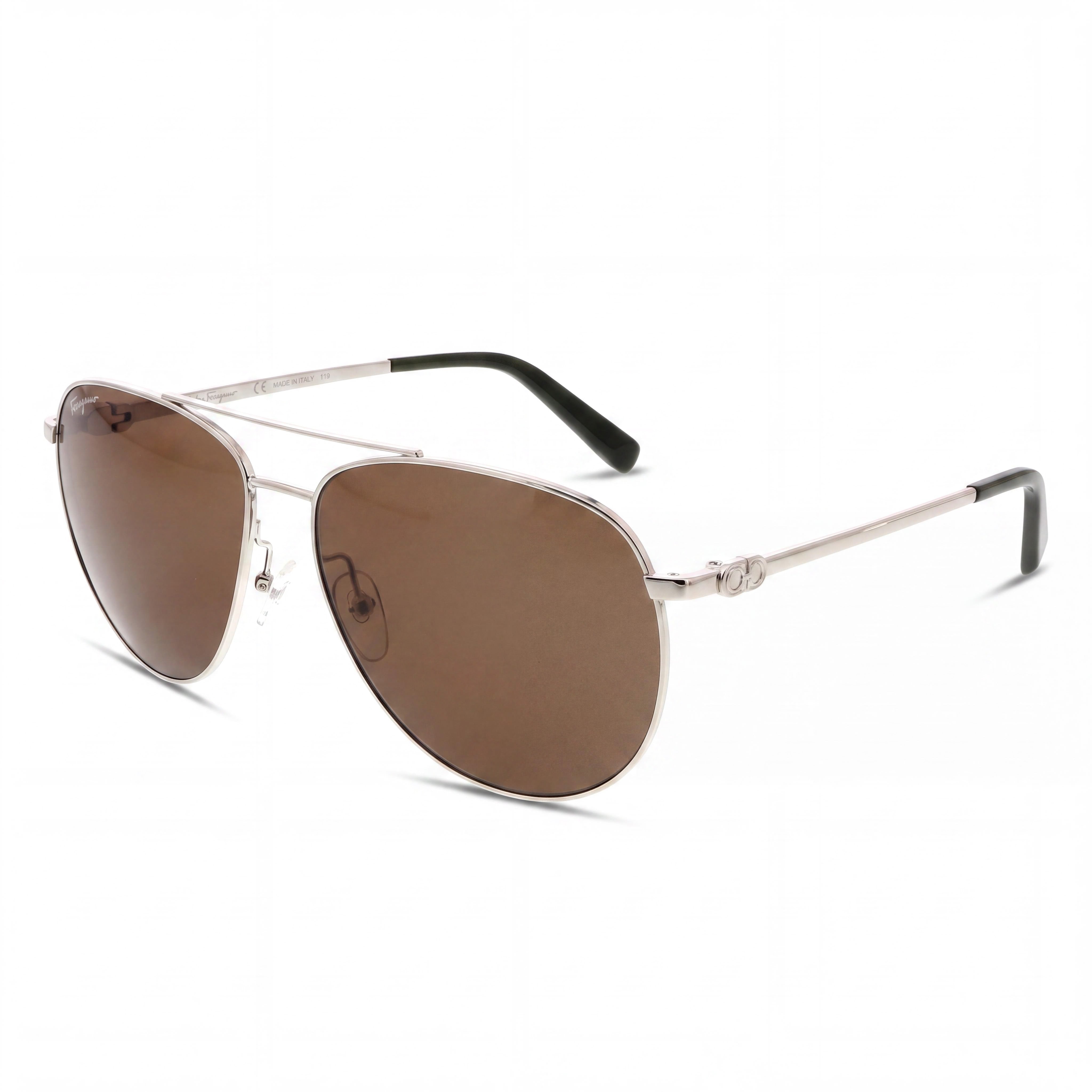 Salvatore Ferragamo Aviators Unisex Silver Metal Brown Lens UV Protection Sunglasses 60-15-140mm, Photo 1