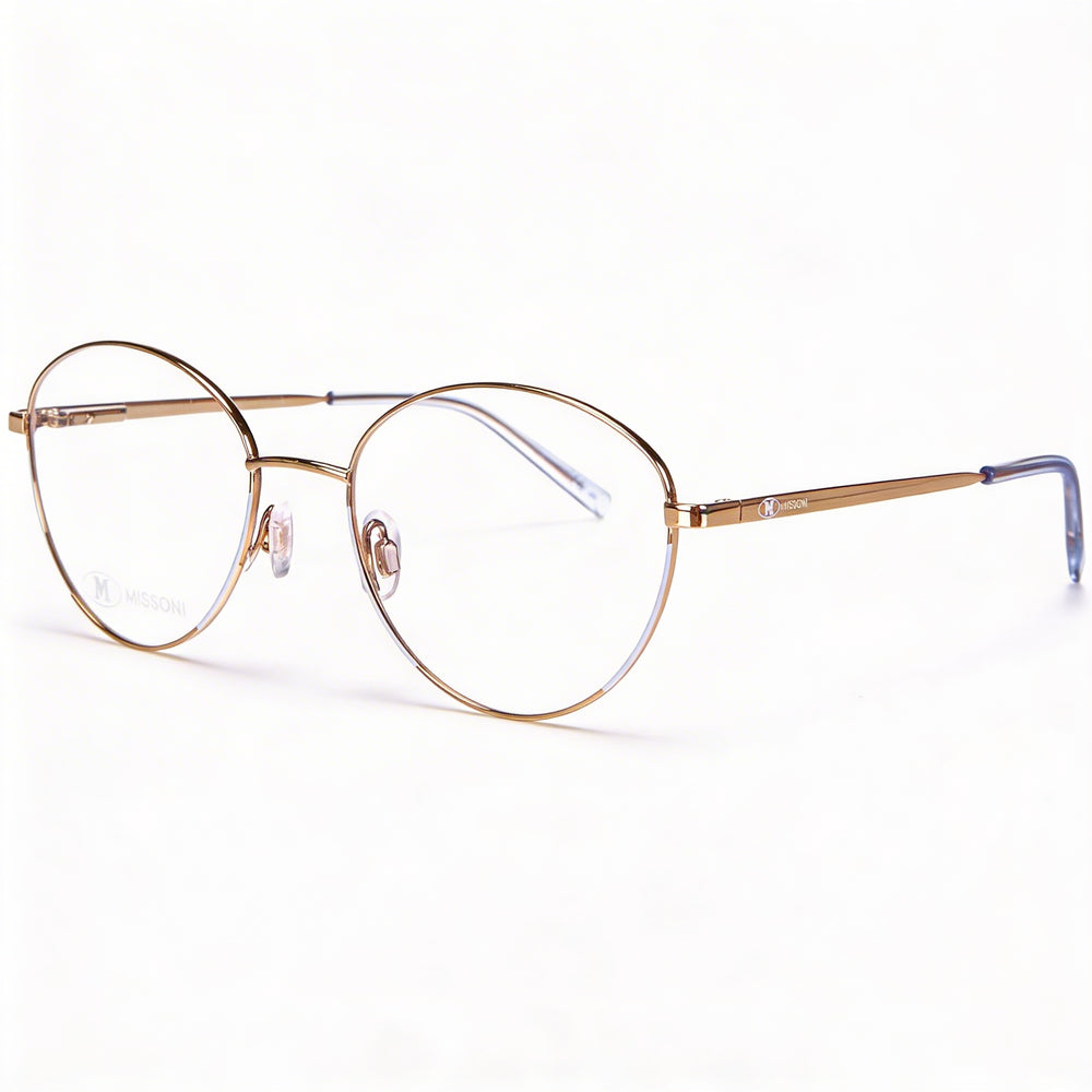 Gafas de mujer Missoni MMI 0024 de ojo de gato, montura de aleación de acero, lila, dorado y cobre, lente de policarbonato de 53 mm