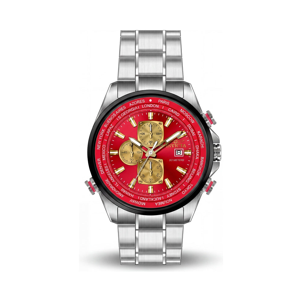 Invicta Aviator 50502 Reloj de pulsera para hombre de 50 mm, cronógrafo de cuarzo, de acero inoxidable plateado, esfera roja