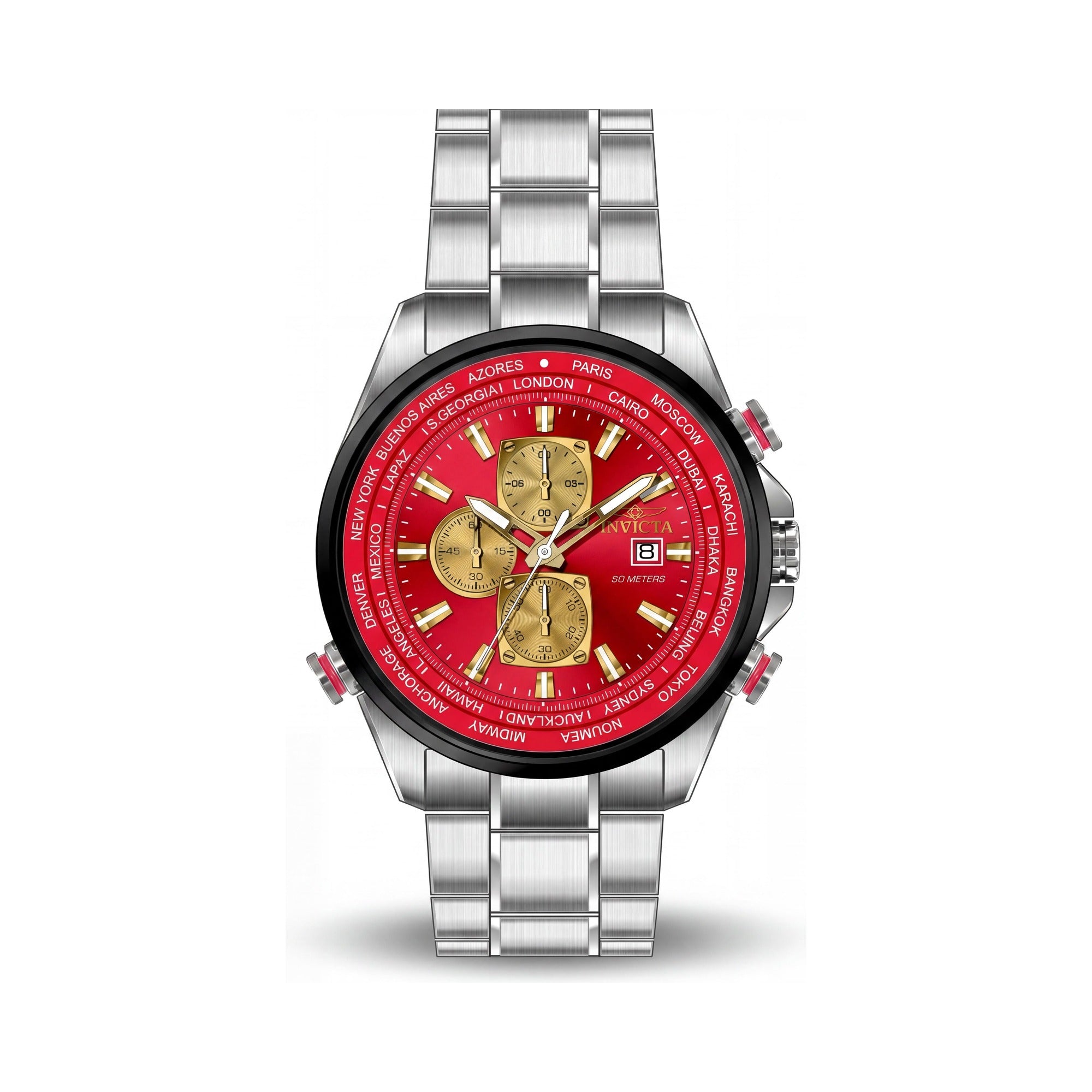 Invicta Aviator 50502 Reloj de pulsera para hombre de 50 mm, cronógrafo de cuarzo, de acero inoxidable plateado, esfera roja, Photo 1