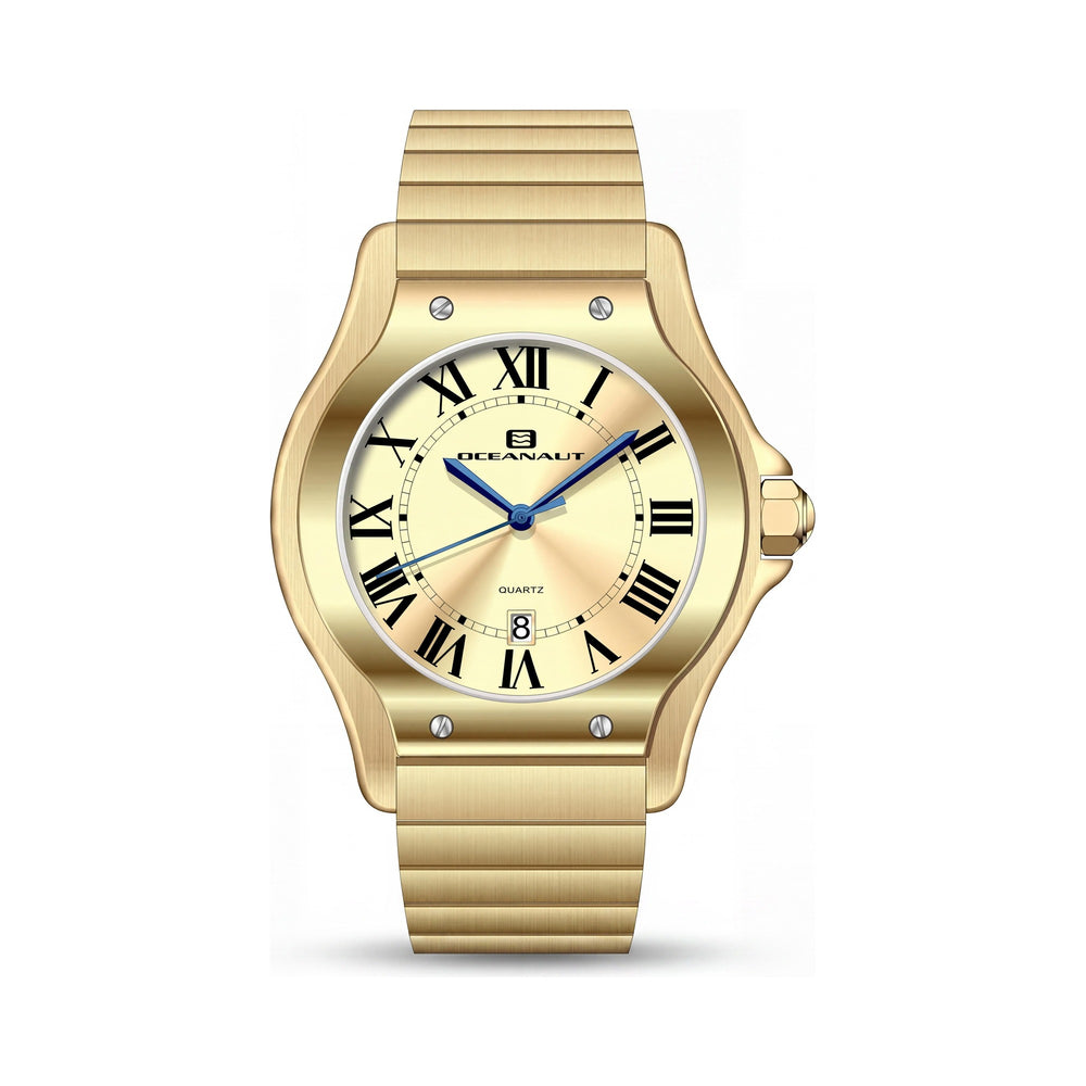 Reloj Oceanaut de acero inoxidable dorado para hombre, resistente al agua y con movimiento de cuarzo, cristal mineral resistente a arañazos.