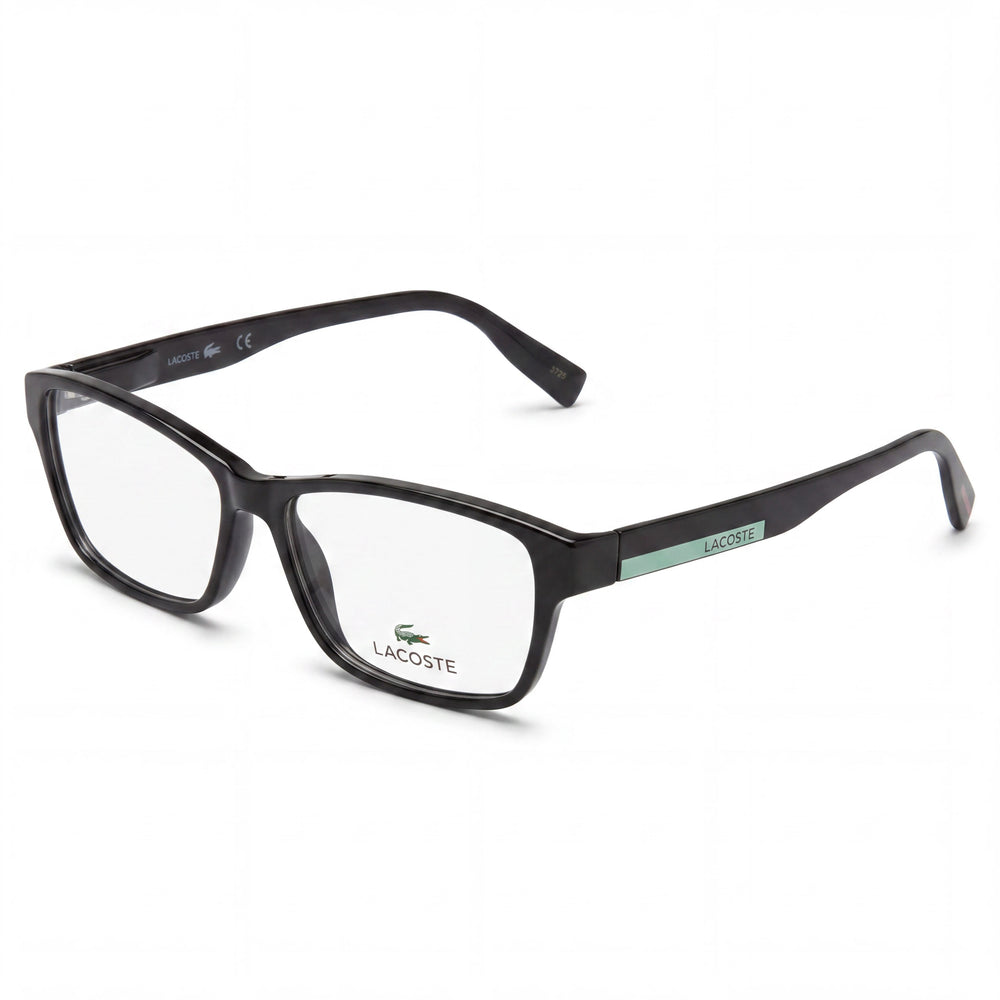 Gafas ópticas Lacoste Modern para mujer, con montura inyectada en negro, diseñadas con un ancho de lente de 50 mm.