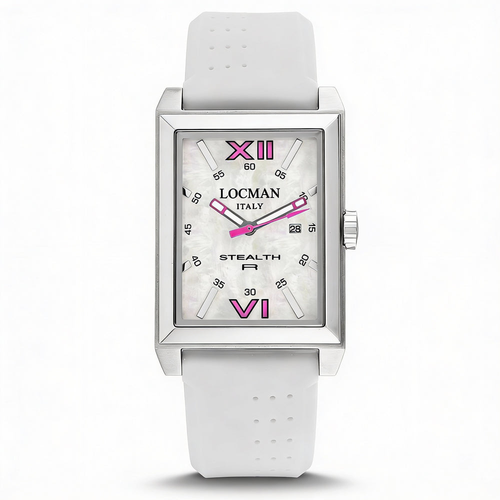 Locman Men's Quartz Movement White Stainless Steel Case MOP Dial Silicone Strap Water Resistant Watch