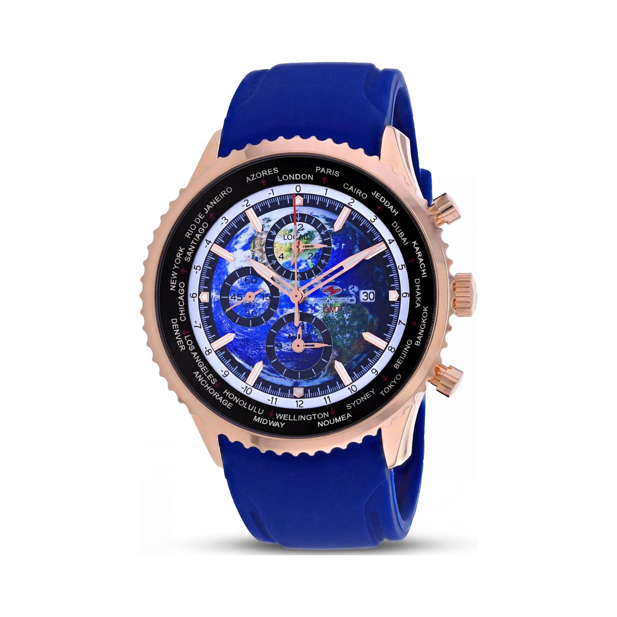 Seapro SP7522 Quartz Movement Men's Blue Dial Stainless Steel Case Rubber Strap World Timer GMT Alarm Watch, Photo 1