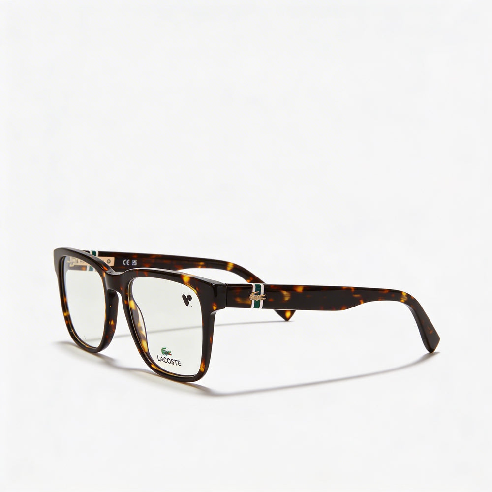 Gafas unisex Lacoste Modern de acetato en color Havana oscuro, 53 mm. Lentes transparentes de demostración, aptas para prescripción médica.
