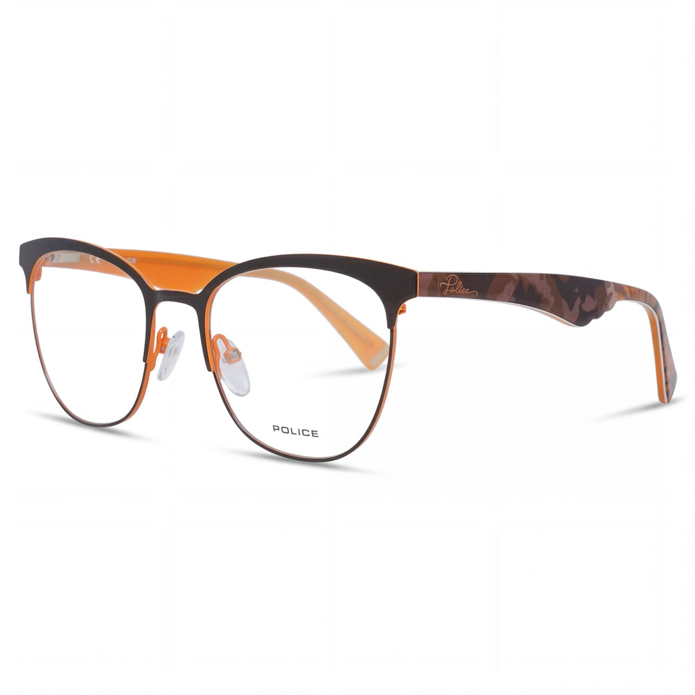 Gafas de sol clásicas POLICE para mujer, de metal, color marrón con detalles naranjas, lente transparente de 51 mm