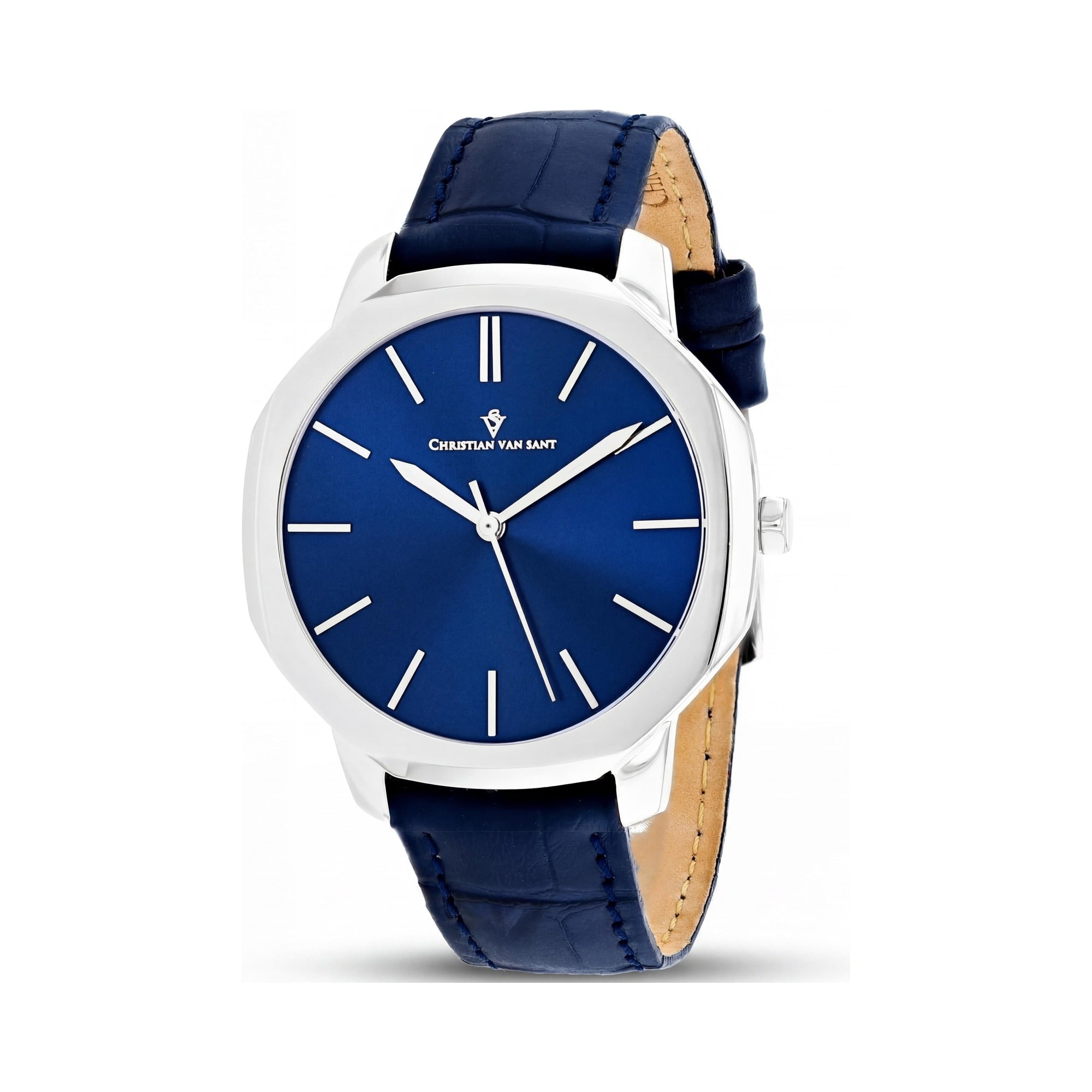 Christian Van Sant CV0532 Men's Blue Stainless Steel Case Leather Strap Quartz Shock Resistant Watch, Photo 1