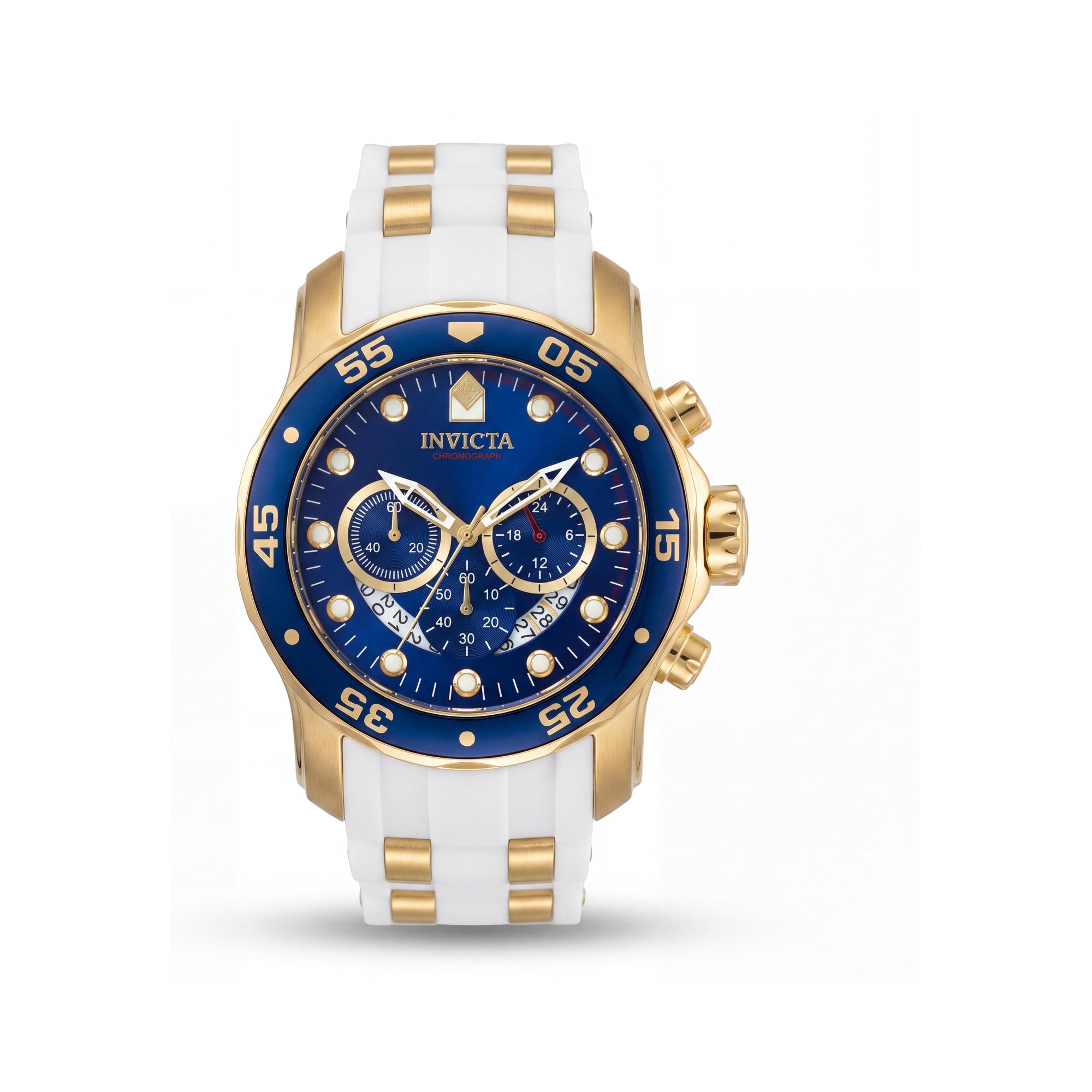 Reloj Invicta para hombre Pro Diver cronógrafo caja de acero inoxidable dorada, esfera azul, correa de poliuretano blanca 48 mm, Photo 1