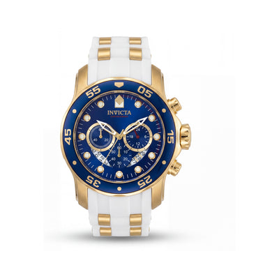 Reloj Invicta para hombre Pro Diver cronógrafo caja de acero inoxidable dorada, esfera azul, correa de poliuretano blanca 48 mm