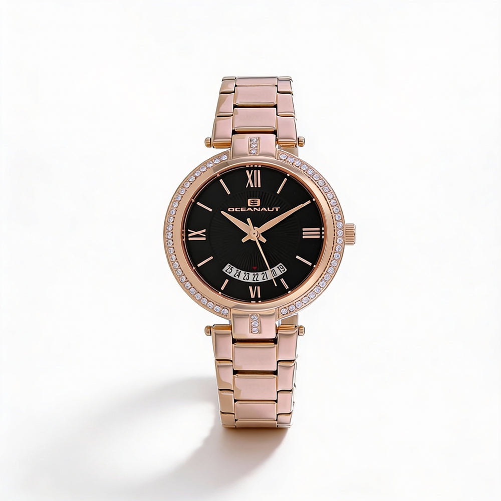 Reloj Oceanaut para mujer con esfera negra, caja y pulsera de acero inoxidable, resistente al agua hasta 30 m, con minerales y resistente a arañazos.