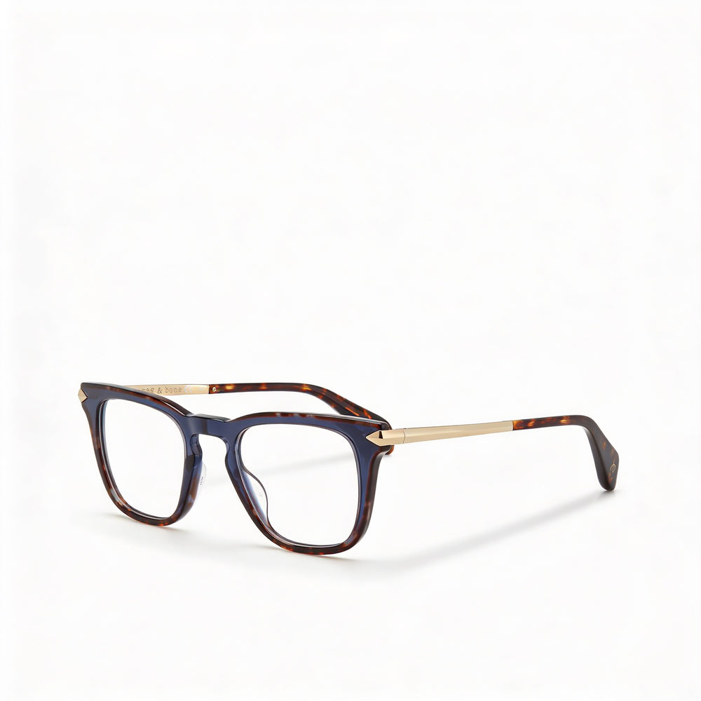 Gafas de sol unisex modernas de rag & bone con montura de acetato y lentes de policarbonato color azul habana, lentes de 48 mm, puente de 22 mm y patillas de 145 mm.