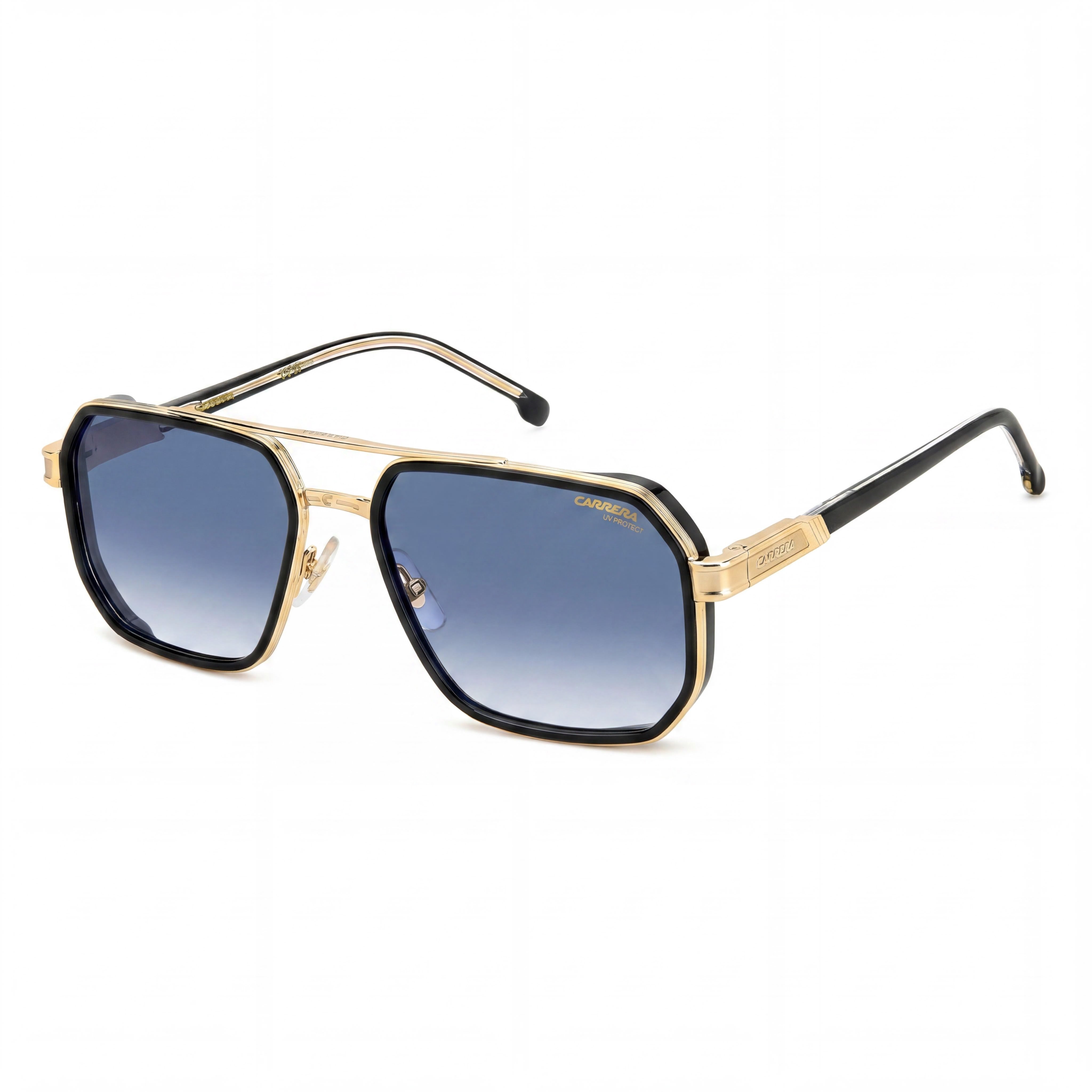 Carrera Lässig. Men's Metal Sunglasses featuring Black Gold Frame with Dark Blue Shaded Lenses, 58mm, Photo 1