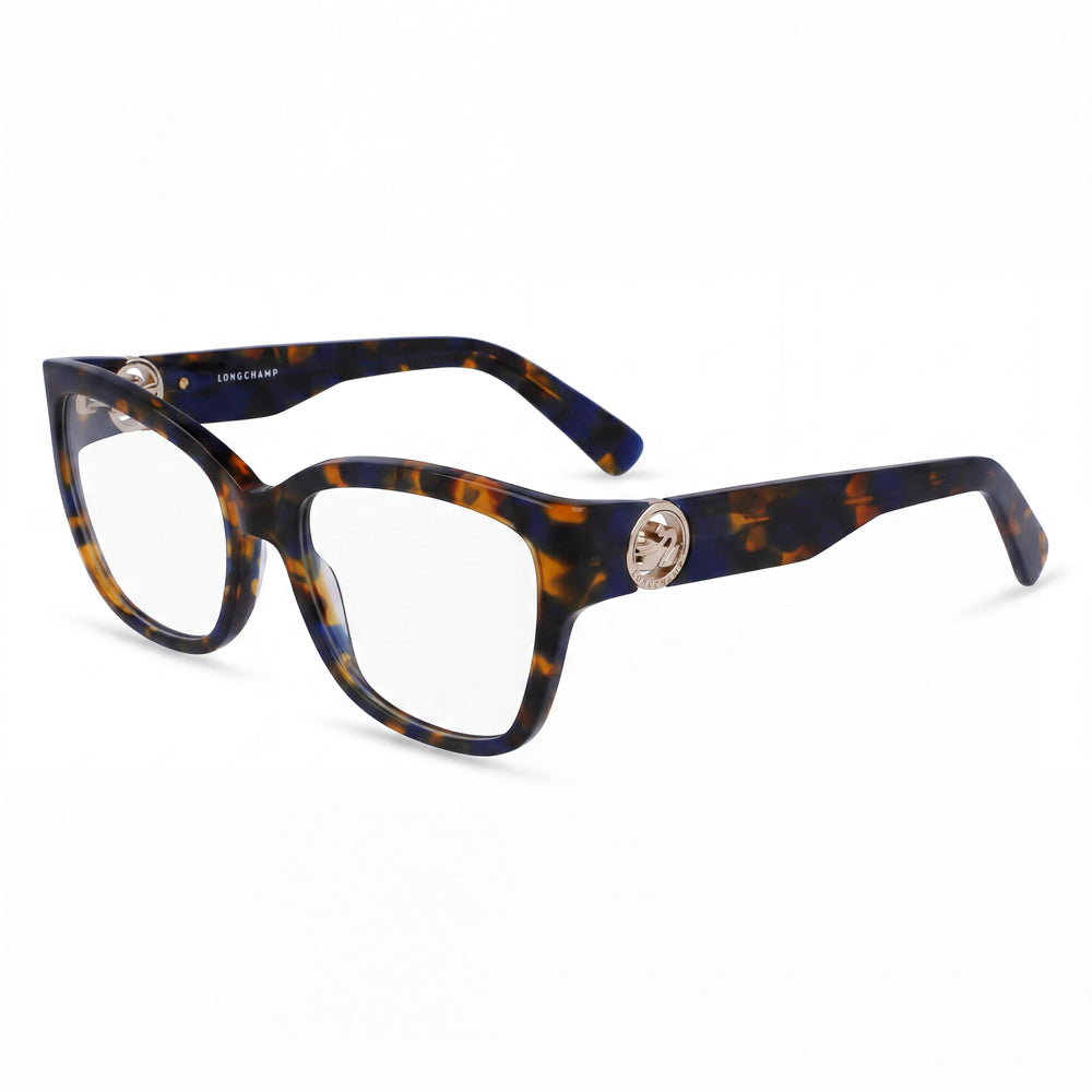 Gafas modernas Longchamp para mujer: Montura de acetato azul carey sin lentes, 53 mm de ancho de lente